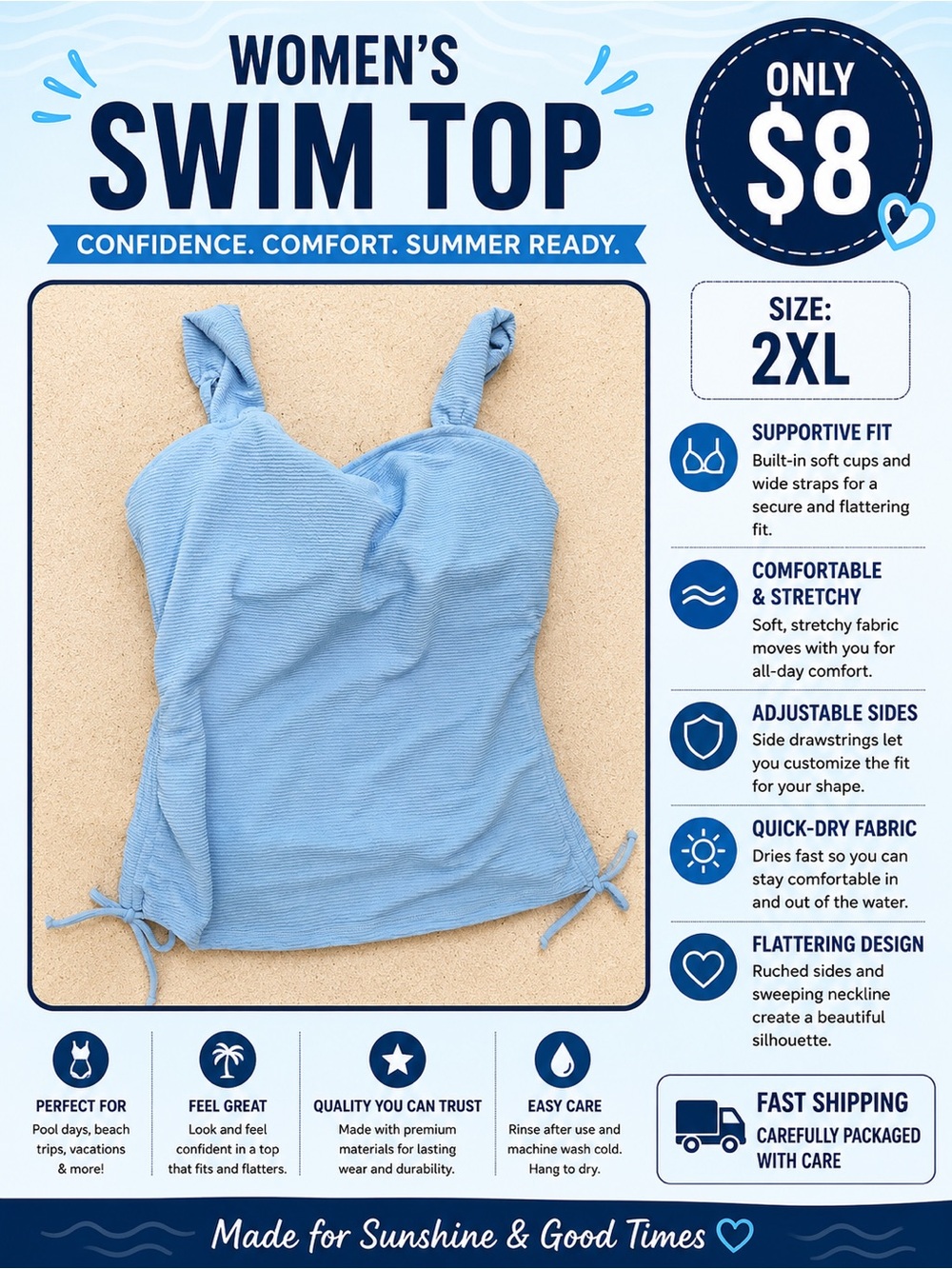 Light Blue Textured Tank Swim Top with Side Drawstrings